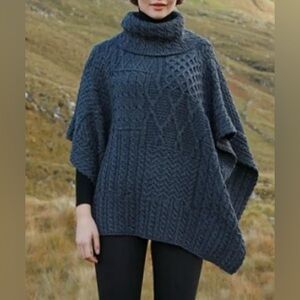 Aran Woollen Mills Patchwork Knitted Cape 100% Soft Merino Wool Cowl Neck poncho